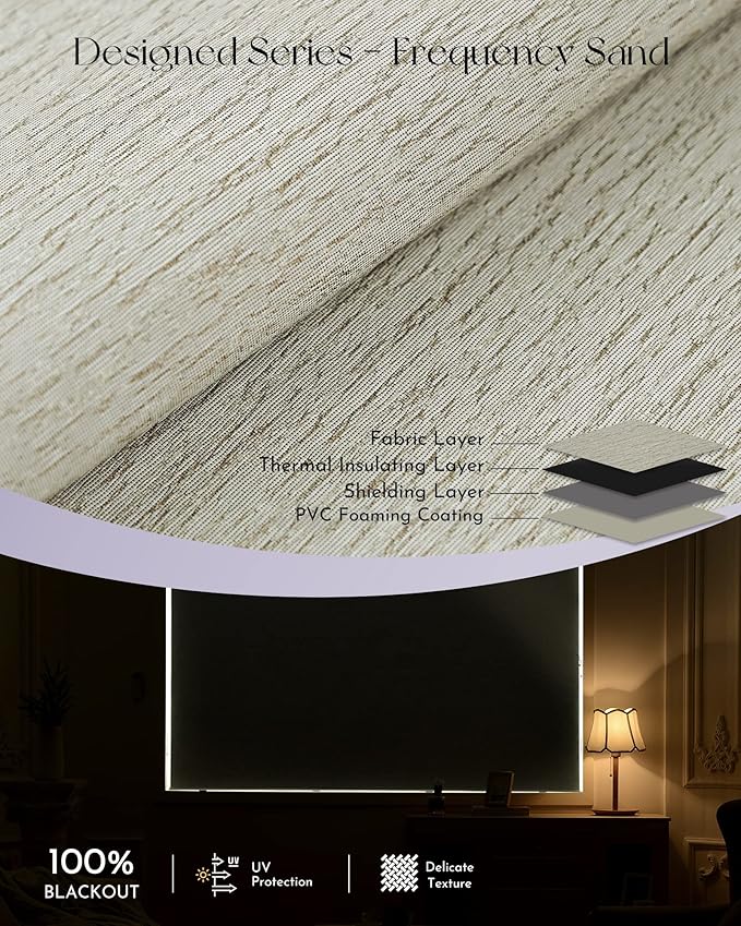 Graywind Smart Blackout Roller Shades Work with Alexa Google Textured Fabric Rechargeable Motorized Blinds Cordless Remote Control Window Shades, Custom Size (Frequency Sand)