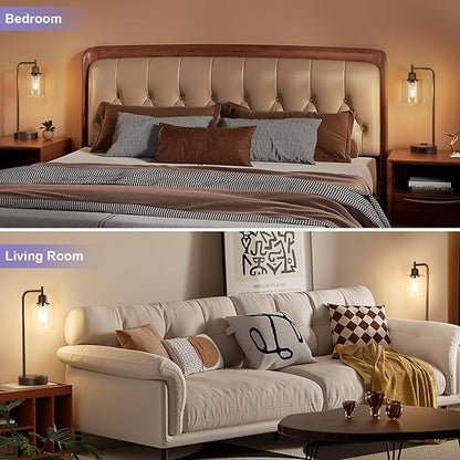 Innqoo Industrial Touch Table Lamps for Bedrooms Set of 2-3-Way Dimmable Lamps with USB C+A Ports and Outlet, Brown Bedside Lamps with Clear Glass Shade for Living Room, Desk Lamps for Home Office
