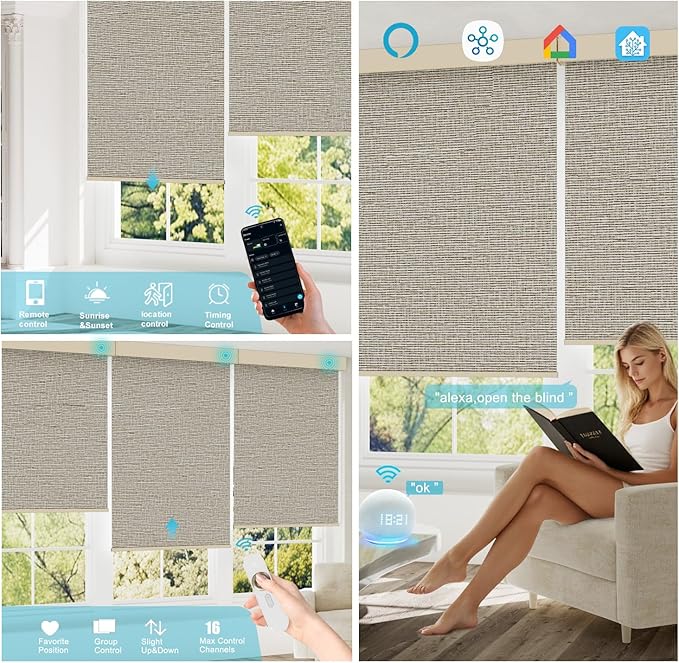 Motorized Blinds with Remote, 100% Blackout Smart Blind Roller Shades Compatible with Alexa Homekit, Automatic Electric Shades for Windows Customized Size（Elegant-Cream）