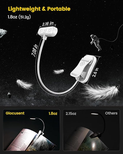 Glocusent Horizontal ET-Head Book Light for Reading in Bed, Eye Caring, CRI 95, 3 Colors & 5 Brightness, Rechargeable Long Lasting Reading Light, 1.8Oz Lightweight & Portable, Perfect for Book Lovers