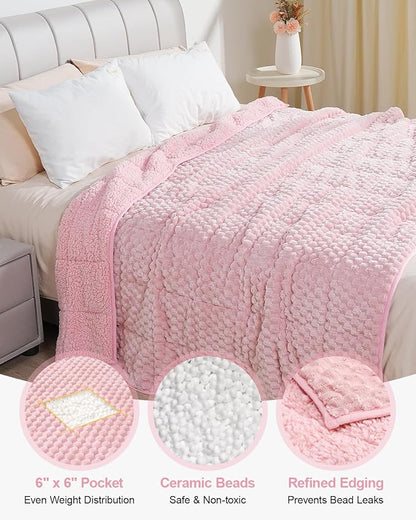 Super Soft Luxury Fleece Sherpa Weighted Blanket 15lbs for Adults, Turtle Shell Fluffy Cozy Warm Queen Weighted Throw for Winter, Ceramic Beads Washable Heavy Blankets for Couch Bed, Pink, 60" x 80"