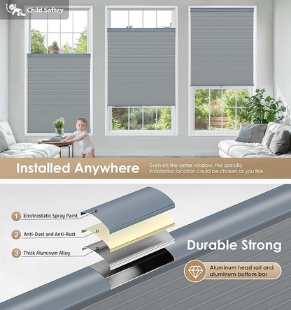 LazBlinds No Tools No Drill Cordless Cellular Shades, Blackout Light Blocking Honeycomb Shades for Home, Thermal Insulation Blinds for Windows, 38" W x 48" H, Dark Grey