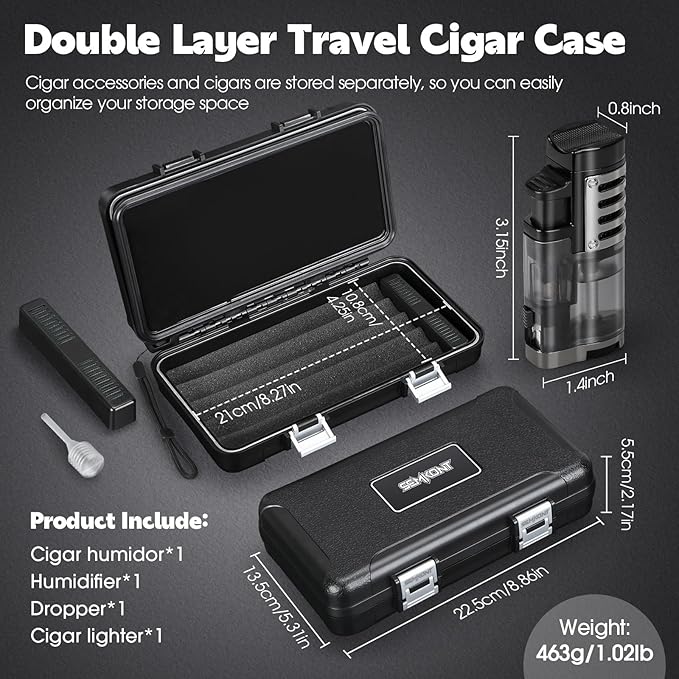 Cigar Humidor, Portable Travel Cigar Box, Double Cigar Humidor with Separate Storage for Cigar Accessories, Cigar Travel Case with Cigar Lighter(No Butane), Holds 5 Cigars (Black)