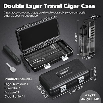 Cigar Humidor, Portable Travel Cigar Box, Double Cigar Humidor with Separate Storage for Cigar Accessories, Cigar Travel Case with Cigar Lighter(No Butane), Holds 5 Cigars (Black)