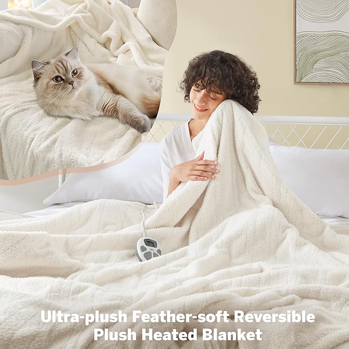 Serta Heated Blanket, Electric Twin Size Blanket, Soft, Warm, Fuzzy Heating Blanket Twin for Office, Couch, 1-12 hr Auto Shut Off Timer, 10 Lv Heat Setting, ETL Certified, Twin 62" x 84" Ivory