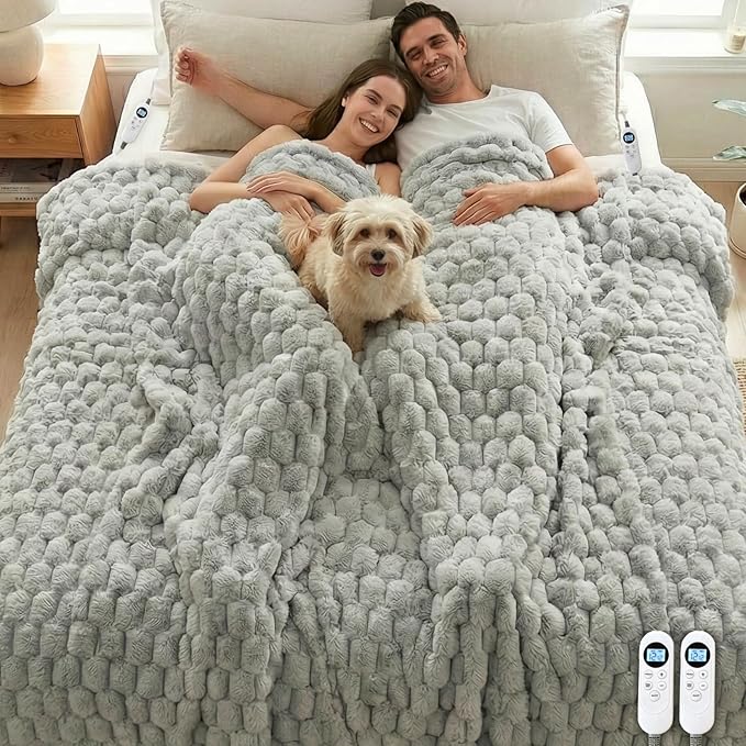 Heated Blanket Electric Blanket Heating, Dual Control Soft Ribbed Faux Fur Electric Blanket with 12 Heat Levels 12H Timer ETL FCC Certified Machine Washable (Gray, King Size - 90" x 100")