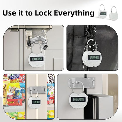Heart Metal Timer Lock, USB Rechargeable Timer Compact Padlock with 1m Spring Cord, Up to 99 Hours Timed Self-Regulation Anti-Addiction Timer Padlock (White)