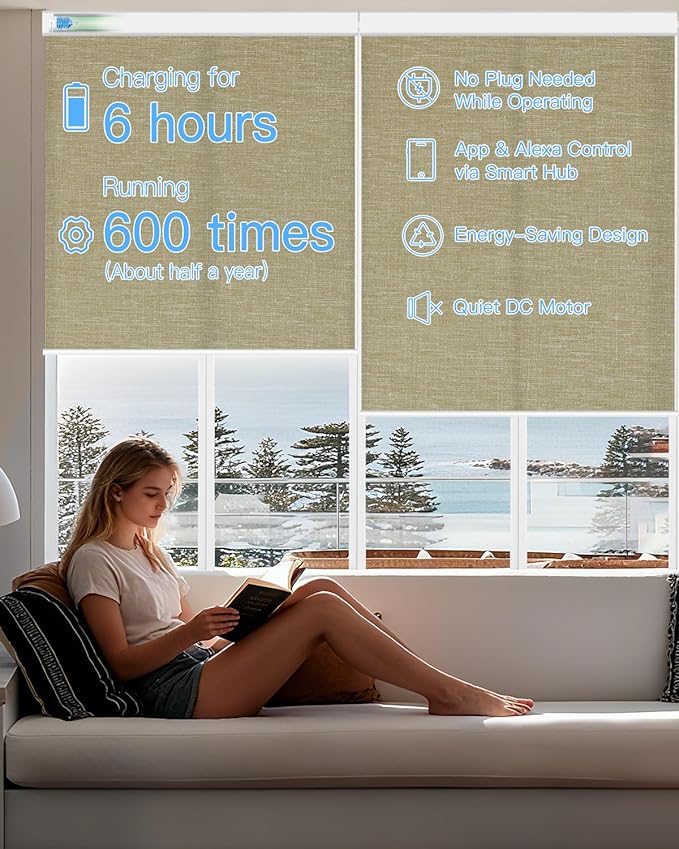 Motorized Light Filtering Roller Shades with Remote Control, Smart Blinds for Windows Compatible with Alexa Google via Hub, Rechargeable Electric Window Shade Customized Size (Coffee)