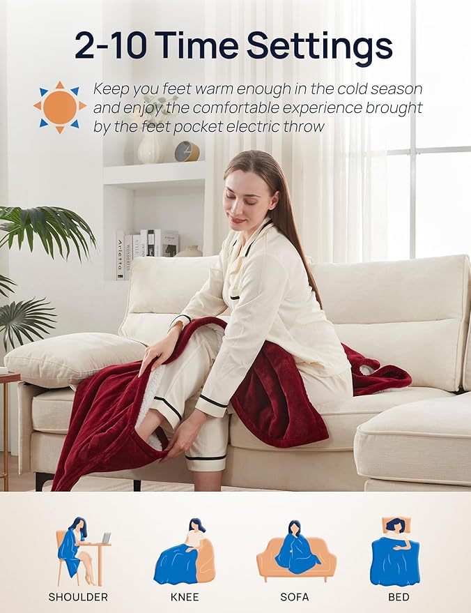 Westinghouse Electric Blanket with Foot Pocket for Adults, Ultra Soft Flannel to Sherpa Heated Throw with 6 Heating Levels & 2-10 Hours Time Settings, Fast Heating & Machine Washable, 50x62, Burgundy