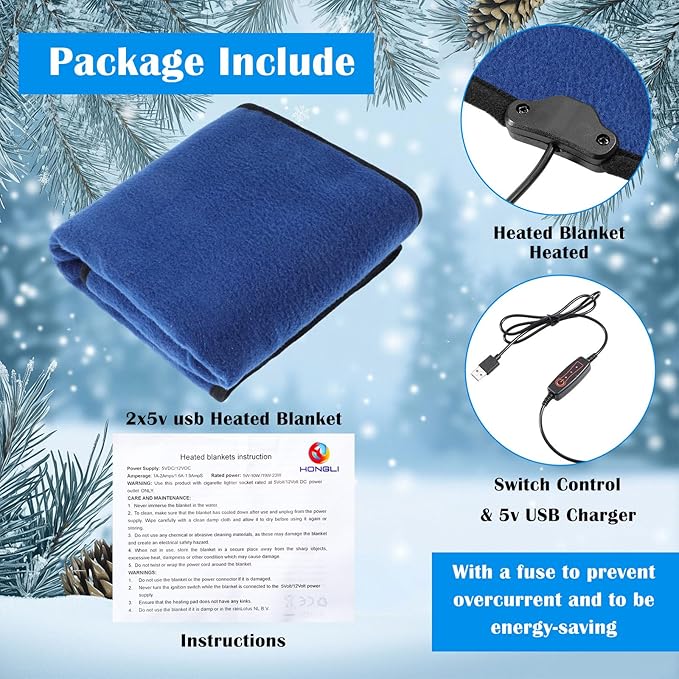 Tuanse 2 Pcs USB Heated Blanket 25"x35" Small Portable 5v 3 Setting Electric Blanket with Timer and Temperature Controller Winter Wearable Recharge Throw for Travel Home(Navy Blue)