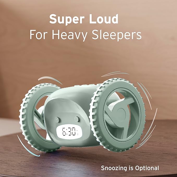 CLOCKY Alarm Clock on Wheels – Loud Rolling Alarm Clock for Heavy Sleepers | Runaway Clock That Jumps & Runs to Wake You Up | Funny Unique Gift for Adults, Teens & Kids Bedrooms (Sage)