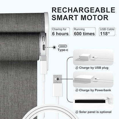 BERISSA Motorized Blinds with Remote,Blackout Smart Roller Shades with App,Voice Control,Linen Fabric,Thermal Insulated Automatic Blinds,Electric Shades with USB/Solar Pannel.Double-Sided Dark Grey
