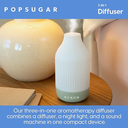 POPSUGAR 3-in-1 Aromatherapy Essential Oil Diffuser for Rooms and Home, Humidifier with Light and Natural Sound Settings, Auto Shut Off