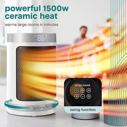 SereneLife Portable Space Heater – 1500W PTC Ceramic Electric Heater with Thermostat, Remote, 12-Hour Timer, 3 Heating Modes, Oscillation, Safe & Quiet for Home, Office, Bedroom (White)