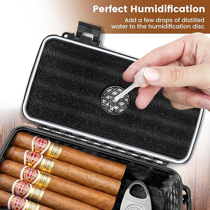 Flauno Travel Humidor - Portable Case Kit with Lighter (Without Gas), Cutter, Holder, Humidifier & Dropper, Waterproof, Crushproof, Airtight Seal (Holds up to 15 Cigars)
