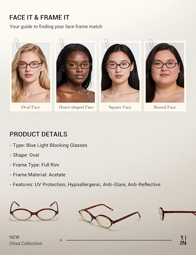 TIJN Olisa Blue Light Blocking Glasses for Women Men,Oval Glasses Frame Bluelight Glasses for Gaming/Computer/Screen