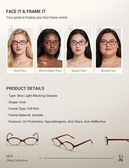 TIJN Olisa Blue Light Blocking Glasses for Women Men,Oval Glasses Frame Bluelight Glasses for Gaming/Computer/Screen