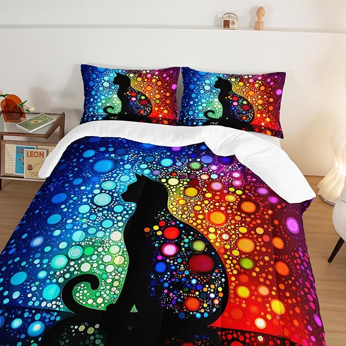 Black Cats Comforter Queen Bedding Sets for Girls,Colorful Abstract Dots Bed Set for Kids Boys Teens Toddler Room Decor,Bohemian Style Art Aesthetics Comforter Sets with 2 Pillowcases.