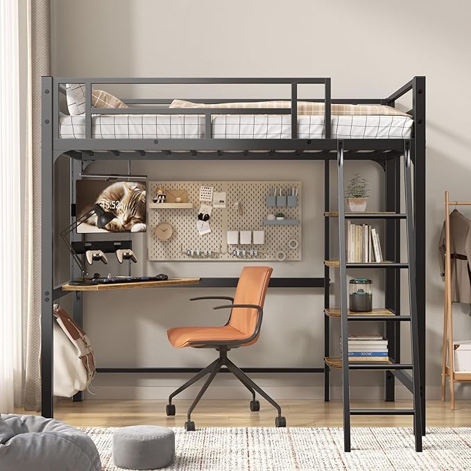 Loft Bed Twin Size, Bunk Bed with Desk, Shelves and Monitor Stand, Heavy Duty Metal Twin Loft Bed with Charging Station, Safety Guard & Ladder, Space-Saving, No Box Spring Needed
