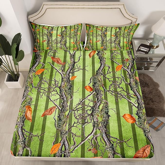 Tree Branches Kids Fitted Sheet Full Size,Wild Hunting Adventure Cabin Bedding Set,Boys Girls Room Decor,Jungle Botanical Leaves Rustic Nature Bed Cover,Green Bed Sheet,2 Pillowcases(No Top Sheet)