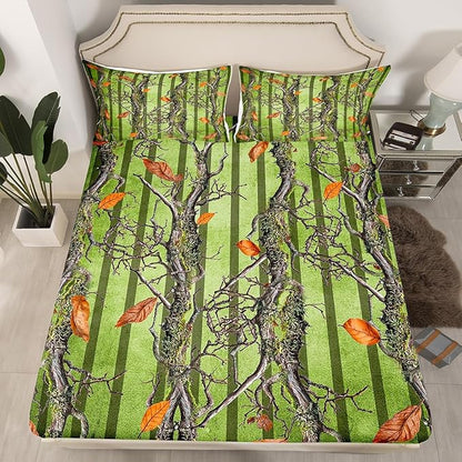 Tree Branches Kids Fitted Sheet Full Size,Wild Hunting Adventure Cabin Bedding Set,Boys Girls Room Decor,Jungle Botanical Leaves Rustic Nature Bed Cover,Green Bed Sheet,2 Pillowcases(No Top Sheet)