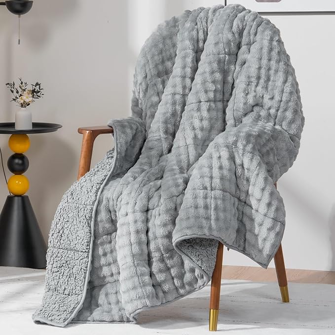 Cottonblue Weighted Blanket for Adults Queen Size 15 lbs, Soft Fuzzy Fleece Sherpa Weighted Throw Blankets 60x80 inches, Warm Cozy Fluffy Bubble GreyWinter Heavy Blanket for Bed Sofa Women Men Present
