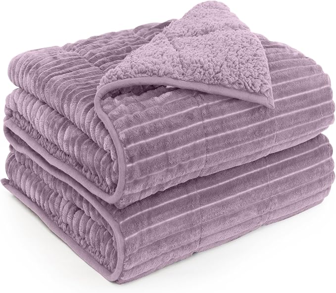 Sherpa Fleece Adult Weighted Blanket 20lbs with Ribbed Stripes, Dual Sided Fuzzy Warm Blanket for Couch Bed Sofa, Heavy Thick Blankets with Ceramic Beads Great for Sleep, Light Purple, 60" x 80"