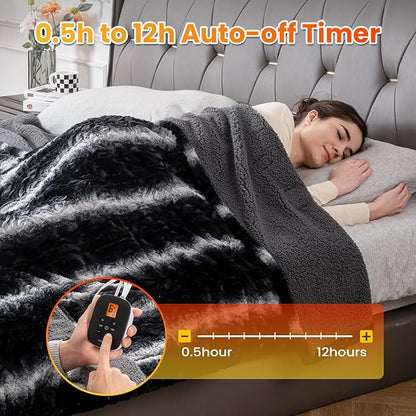 WOOMER Heated Blanket Full Size 77" x 84", Electric Blanket with a Control, 0.5-12 Hours Timer & 10 Heating Levels, ETL Certified, Black Grey Flowers Patterns Faux Fur & Sherpa, Machine Washable