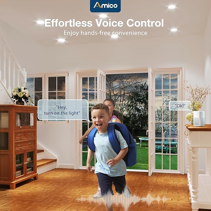 Amico 4 Pack 4 Inch Smart LED Recessed Lighting, WiFi Bluetooth Canless Downlight with Junction Box, RGB & 2700-6500K Color Changing, 10W=70W 800LM, Voice&Remote&Group Control
