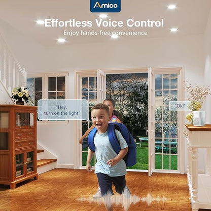 Amico 4 Pack 4 Inch Smart LED Recessed Lighting, WiFi Bluetooth Canless Downlight with Junction Box, RGB & 2700-6500K Color Changing, 10W=70W 800LM, Voice&Remote&Group Control