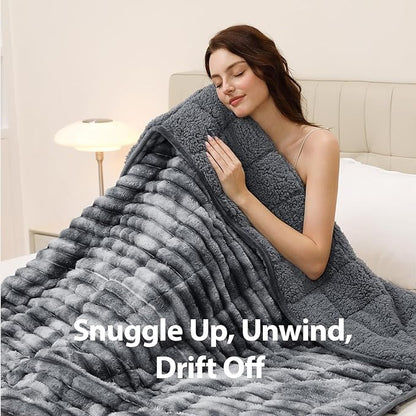 Sherpa Fleece Weighted Blanket with 3D Ribbed Stripes, 15 lbs Soft Flannel Heavy Throw Blanket for Couch Bed Sofa, Heavy Thick Blankets with Glass Beads, Great for Sleep, 48" x 72"