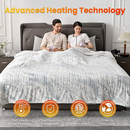 WOOMER Heated Blanket King Size Electric Blanket 90"x 100", Faux Fur Fast Heating, 10 Heating Levels & 0.5-12H Auto Off, Dual Control, Over-Heat Protection, ETL Certification