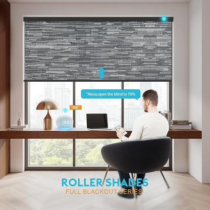 Motorized Blinds with Remote, Smart Blind Roller Shades Compatible with Alexa, Durable Rechargeable Battery Solar Power Electric Window Blinds Customized Size (Jacquard Dark Grey)