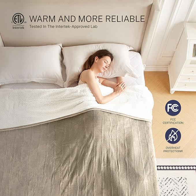 Electric Blanket Full 72"x84" Heated Electric Blankets 10 Heating Levels 12 Time Settings 8 Hours Auto Off Fast Heating and Overheat Protection ETL Certified Machine Washable,Light Brwon