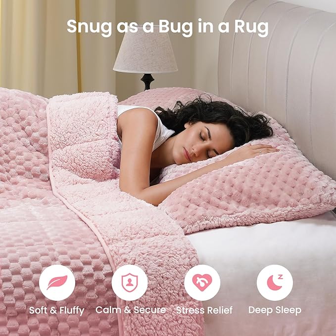 Drewin Weighted Blanket for Adults Queen Size 15lbs, Soft Cozy Turtleback Sherpa Weighted Blankets for Sleeping and Calming, Thick Bed Blanket for Couch Bed, 60 x 80 inches, Pink