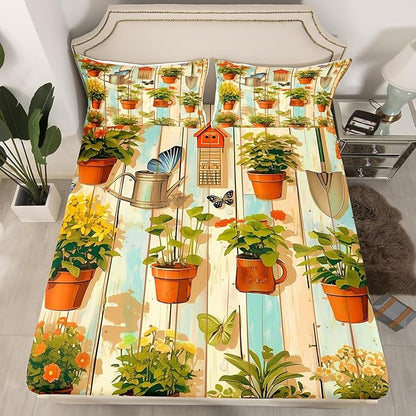 Garden Kids Sheet Queen Size,Geometric Wooden Plank Bedding Set,Boys Girls Room Decor,Gardening Gardener Butterfly Plants Flowers Rustic Green Bed Sheet Set 4pcs(Fitted + Flat + 2 Pillowcases)