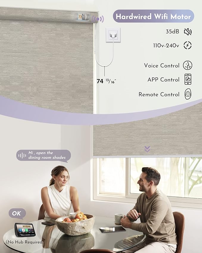 Graywind Motorized Roller Shade 100% Blackout Compatible with Alexa Google Smart Home Control Hardwired Window Shades Thermal Insulated Cordless Window Blinds, Customized Size (Jacquard Coffee)