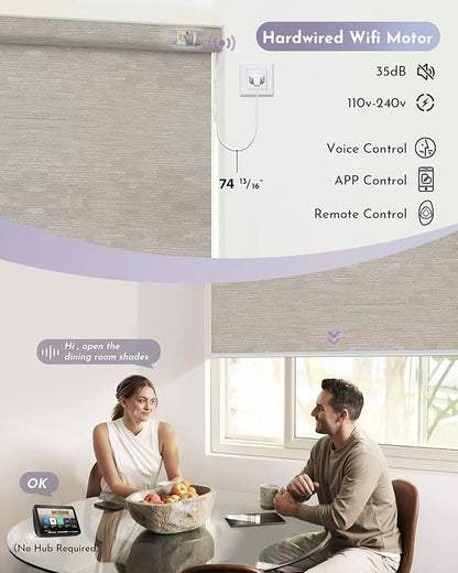 Graywind Motorized Roller Shade 100% Blackout Compatible with Alexa Google Smart Home Control Hardwired Window Shades Thermal Insulated Cordless Window Blinds, Customized Size (Jacquard Coffee)