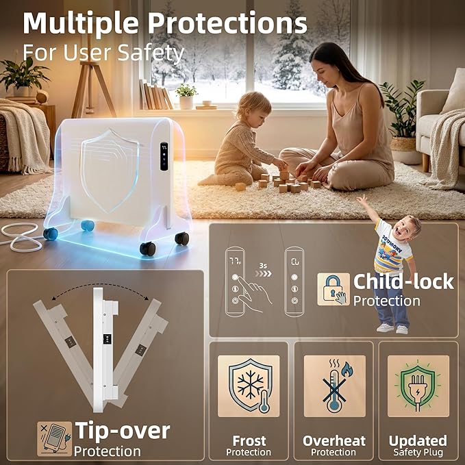 Smart Convection Space Heater, Movable Floor Heater with Wall Mounted Kit for Indoor Use, 600W Energy Efficient Heaters, Remote/APP Control, Quiet Heaters for Bedroom, Office etc