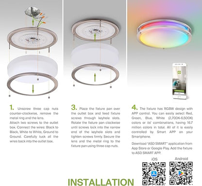 ASD LED 18" Round Flush Mount Lighting, Close to Ceiling Light Fixture | Smart, Multicolor, Dimmable, ETL Listed | 28W 1844LM RGB-2700-6500K 120V | Low Profile Double Ring Lamp | Nickel, 2 Pack