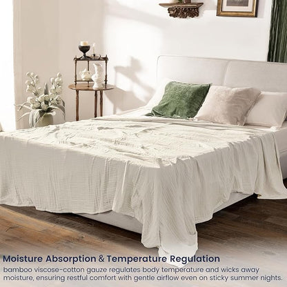 PHF Cooling Muslin Queen Blanket for Hot Sleepers, 60% Viscose from Bamboo, 40% Cotton and 4-Layer Breathable Gauze Blanket for Bed Couch, 90"x90", Oat Milk
