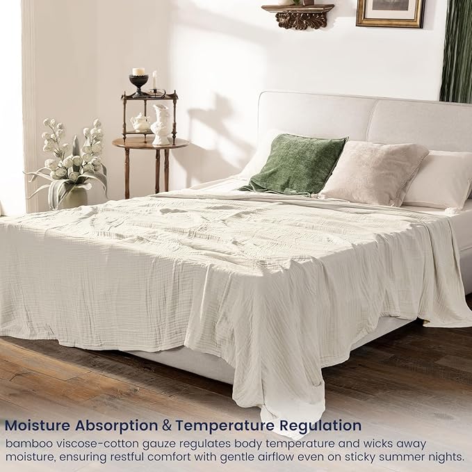 PHF Cooling Muslin Twin Blanket for Hot Sleepers, 60% Viscose from Bamboo, 40% Cotton and 4-Layer Breathable Gauze Blanket for Bed Couch, 66"x90", Oat Milk