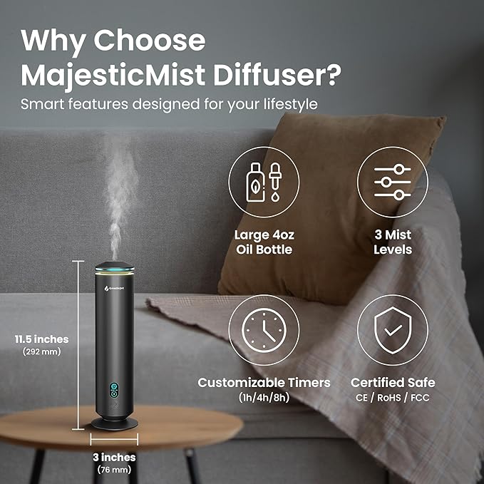 MajesticMist WiFi Waterless Essential Oil Diffuser, Aluminum Cold-Air Aroma Diffuser for Large Rooms up to 1000 sq ft, App & Remote Control, 4oz, USB-C Plug-in, Quiet, LED Display