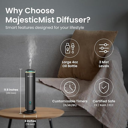 MajesticMist WiFi Waterless Essential Oil Diffuser, Aluminum Cold-Air Aroma Diffuser for Large Rooms up to 1000 sq ft, App & Remote Control, 4oz, USB-C Plug-in, Quiet, LED Display