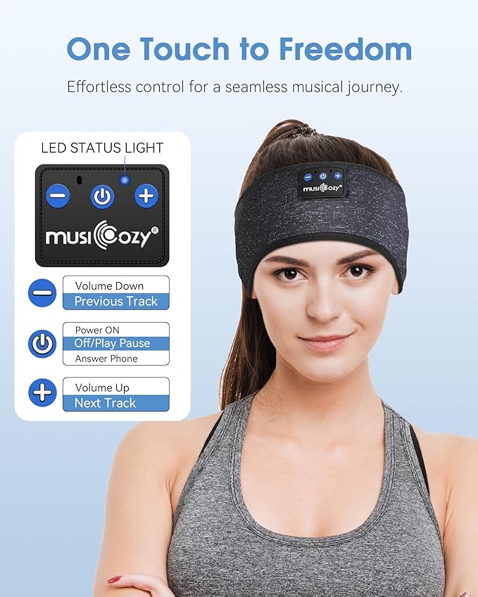 MUSICOZY Sleep Headphones Bluetooth 5.4 Headband, Wireless Earphones Sweat Resistant Earbuds with Ultra-Thin HD Stereo Speaker for Workout Running