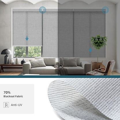 Motorized Light Filtering Roll Shades Work with HomeKit, 70% Blackout Motorized Blinds for Windows, Electric Blinds with Remote, APP/Voice Control, Automatic Solar Shades, Texture Smoke