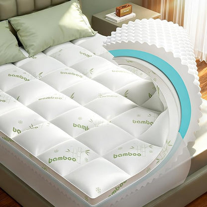 California King Mattress Topper, 3 in 1 Memory Foam Mattress Topper for Back Pain, 2" Fluffy Cooling Mattress Toppers Breathable Viscose Made from Bamboo and 2.5" Dual Firmness Gel Memory Foam.