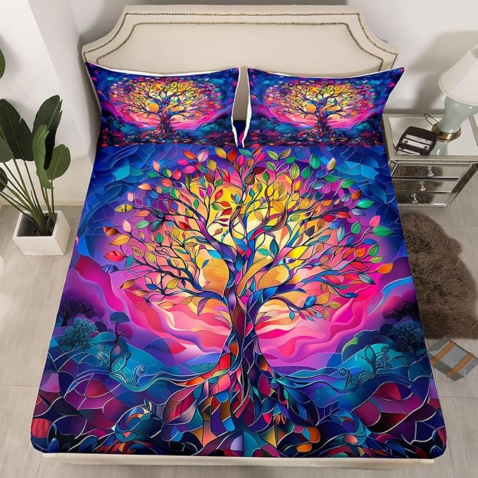 Tree of Life Boys Girls Bed Sheets,Stained Glass Leaves Abstract Room Decor,Aesthetic Nature Plant Kids Twin Size Fitted Sheet,Colorful Bedding Set,1 Pillowcase(No Flat)