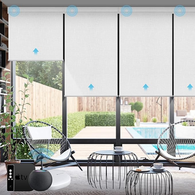 SmartWings Motorized Smart Blinds with Remote, Custom Automatic 100% Blackout Roller Shade Compatible with Alexa/Homekit/Google, Electric Smart Blinds for Indoor Windows, Safari White