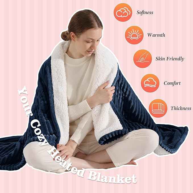 Heated Blanket Twin Size Electric Blankets - 62x84'' Electric Heated Blankets with 5 Heat Setting & 10hrs Auto Off, Small Lap Heat Blanket for Couch, FCC & ETL Certified, Warm Winter Gifts (Navy Blue)